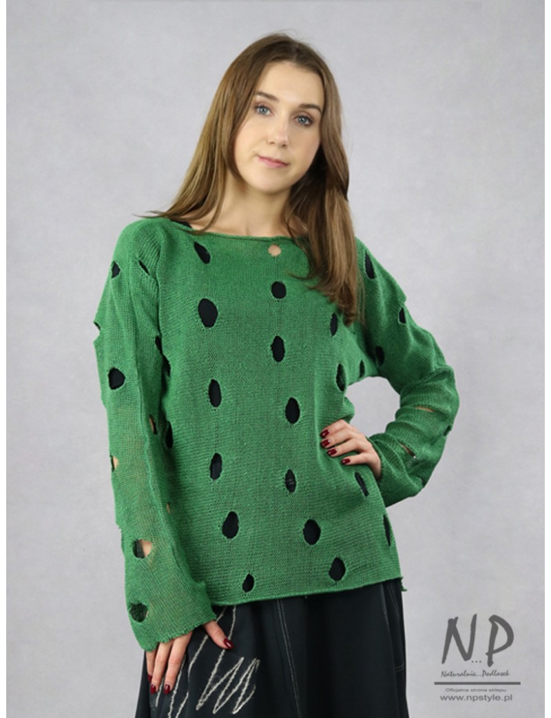 Lniany sweter z dziurami damski w kolorze zielonym
