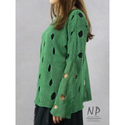 Green women's linen sweater with holes