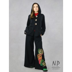 Hand-painted black Swedish women's trousers made of knitted cotton