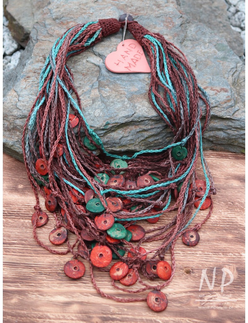 Necklace made of linen threads, decorated with colorful ceramic beads