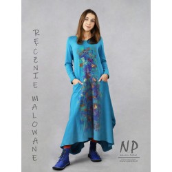 Blue hand-painted asymmetrical dress made of knitted cotton
