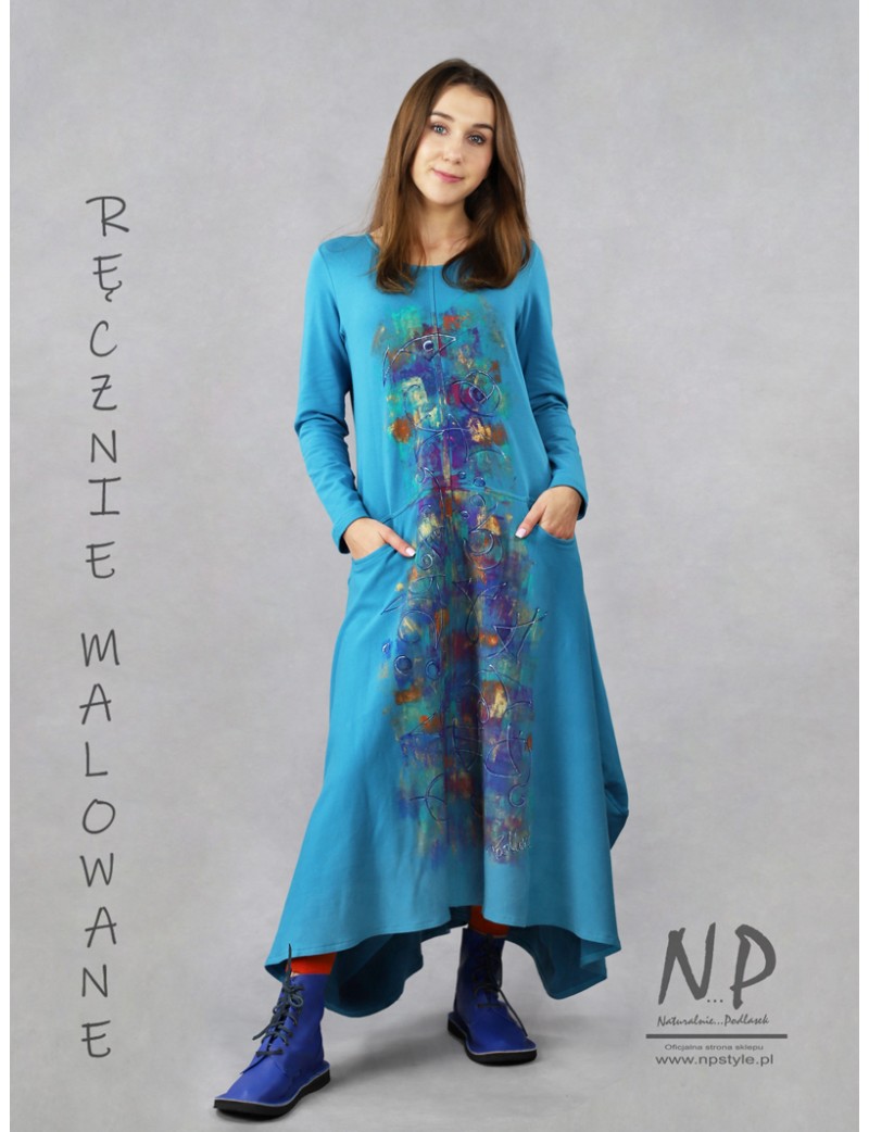 Blue hand-painted asymmetrical dress made of knitted cotton