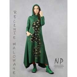 Green hand-painted asymmetrical dress with a hood made of knitted cotton