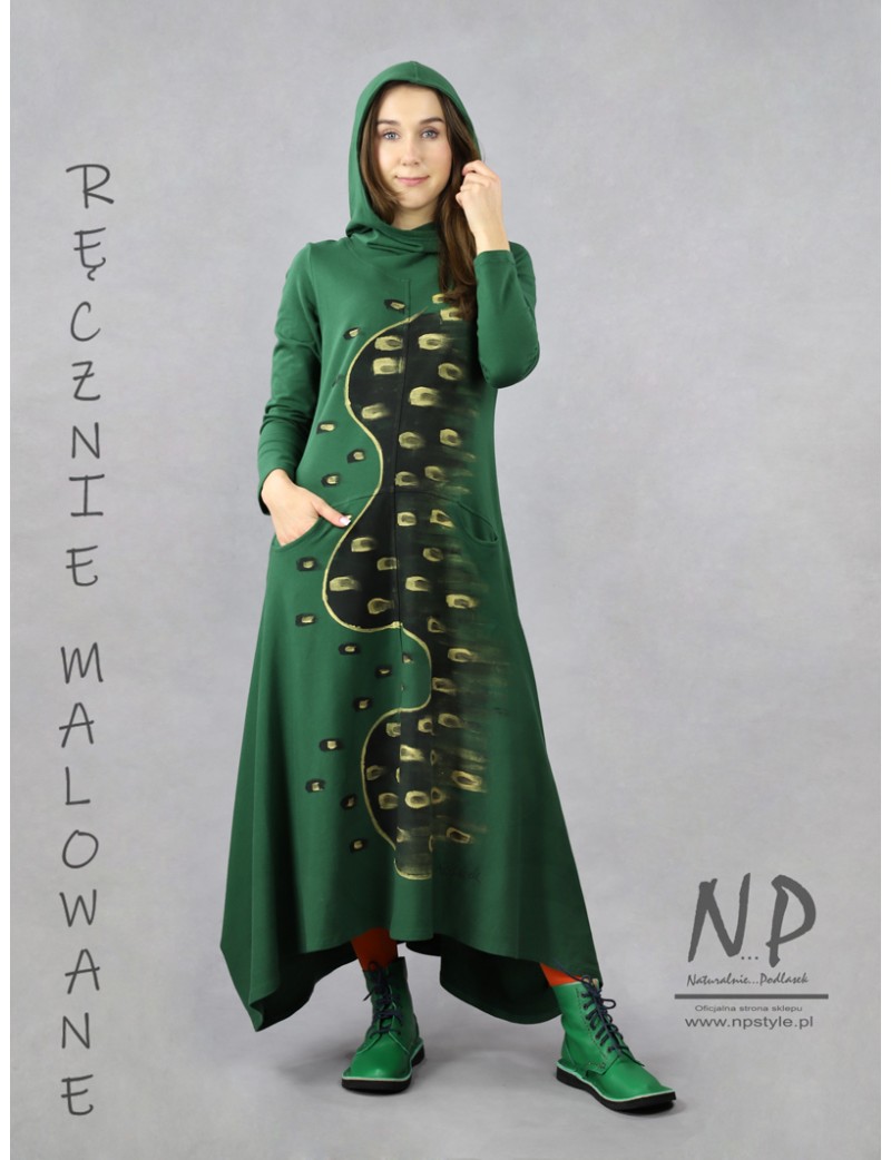 Green hand-painted asymmetrical dress with a hood made of knitted cotton