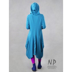 Hand-painted short asymmetrical blue dress with a hood