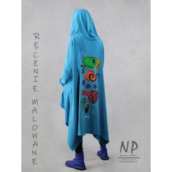Hand-painted blue oversized long sweatshirt with a hood, made of knitted cotton