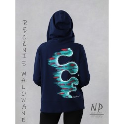 Hand-painted navy blue women's sweatshirt made of knitted cotton