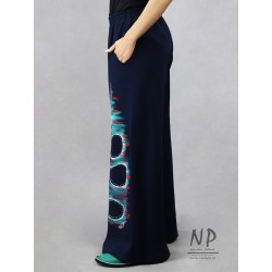 Hand-painted navy blue knitted women's Swedish pants