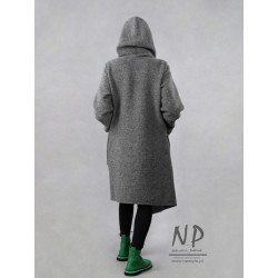 Asymmetrical gray women's wool coat with an oversized hood