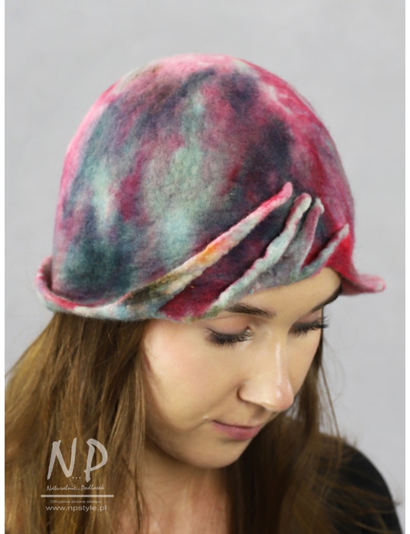 Unique felt hat with a small, sloping brim