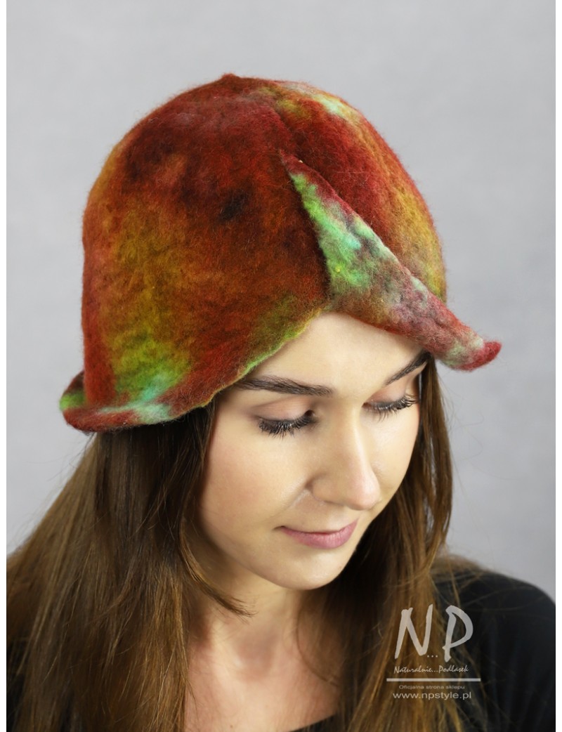 Hand-felted hat cap with a drooping brim