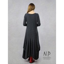 Hand-painted asymmetric gray knitted dress with long sides