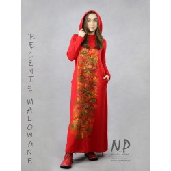 Red knitted dress with a hood and a turtleneck and hand-painted applications