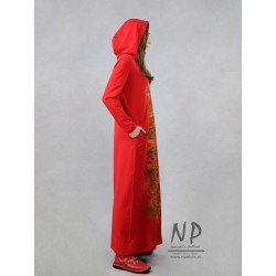 Red knitted dress with a hood and a turtleneck and hand-painted applications