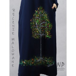 Navy blue knitted dress with a round neckline and a hand-painted tree
