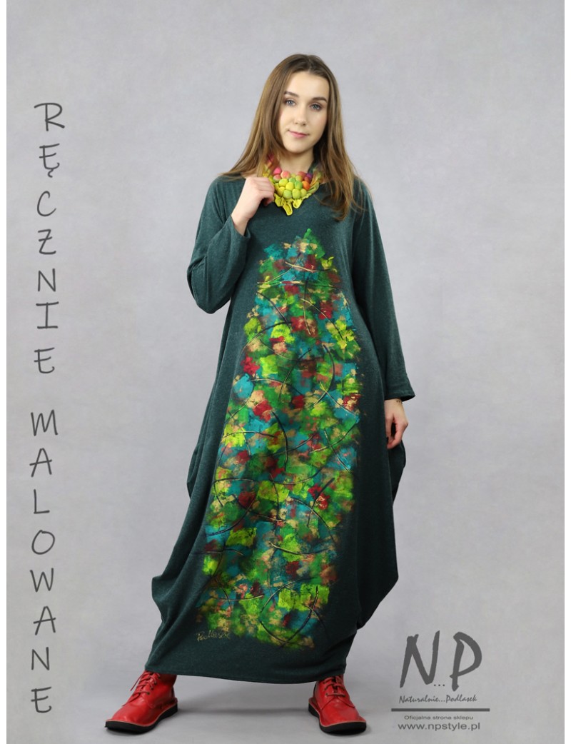 Ręcznie malowana zielona sukienka bombka maxi w stylu oversize