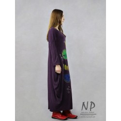 Hand-painted plum-colored knitted maxi dress
