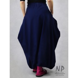 Navy blue maxi skirt made of warm cotton fabric decorated with sewn strings
