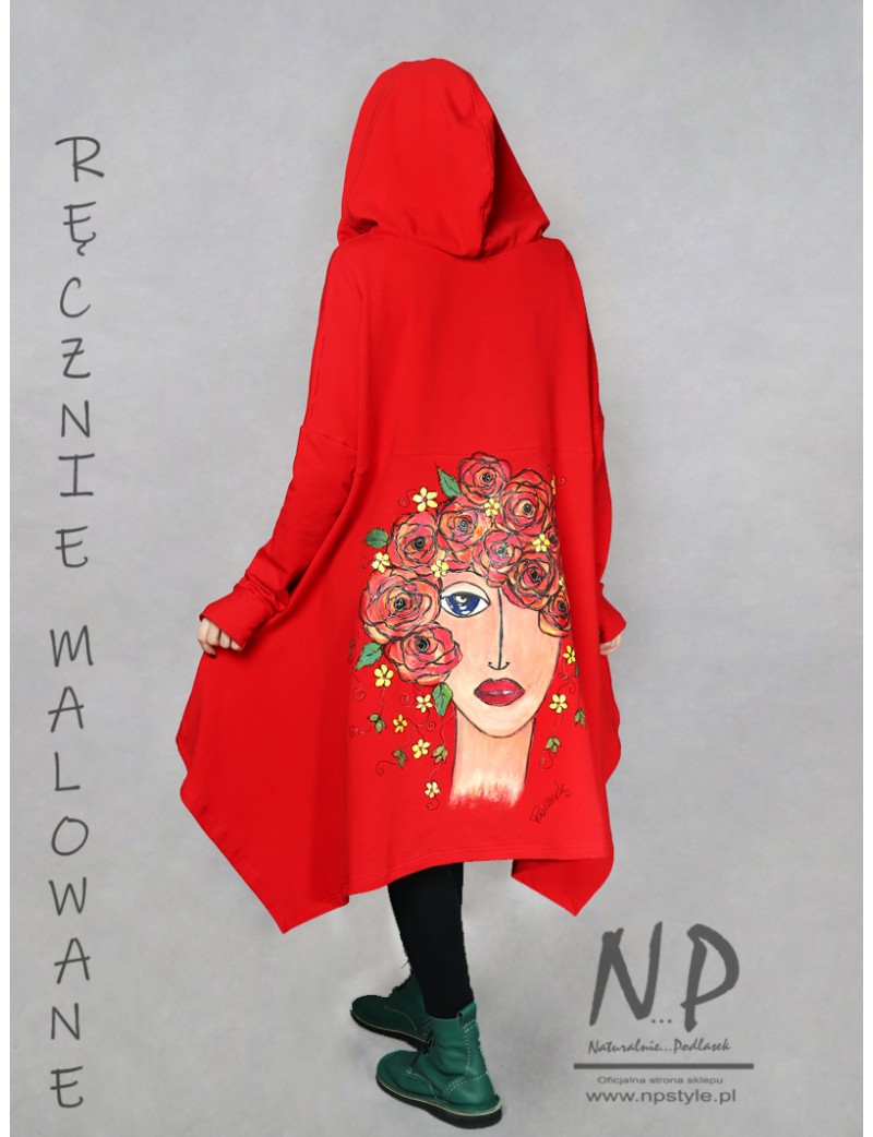 Hand-painted red long oversize sweatshirt with a hood, made of cotton knitwear