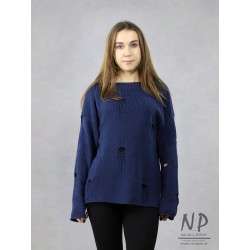 Handmade navy blue cotton sweater with holes