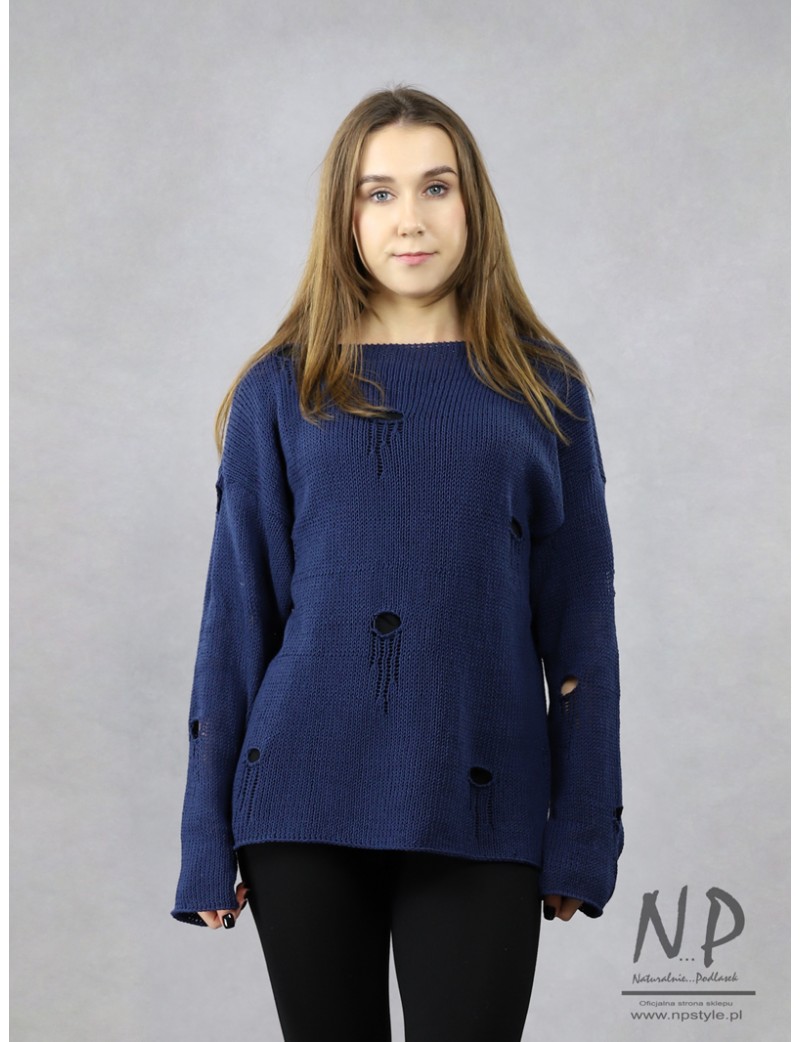 Handmade navy blue cotton sweater with holes