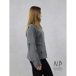Handmade gray cotton sweater with holes