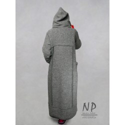 Long gray winter coat with an oversize hood, made of warm steamed wool