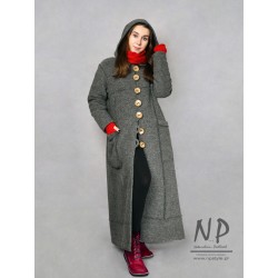 Long gray winter coat with an oversize hood, made of warm steamed wool
