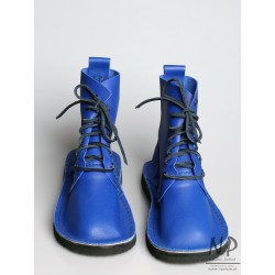 Basic blue handmade leather boots from Basic 7, laced with a thong.