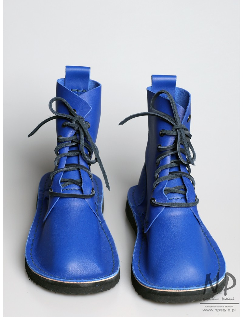 Basic blue handmade leather boots from Basic 7, laced with a thong.