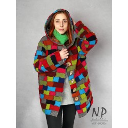 Colorful woolen jacket with a hood sewn in the form of a patchwork