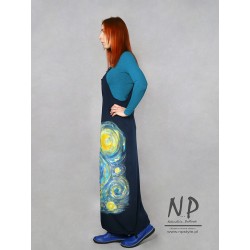 Hand-painted navy blue long gardener's dress made of cotton knitwear