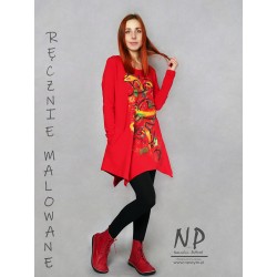 Hand-painted red tunic blouse with an asymmetrical hem