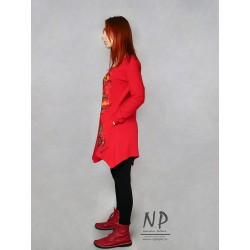 Hand-painted red tunic blouse with an asymmetrical hem
