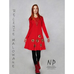 Ręcznie malowana czerwona krótka sukienka z dzianiny bawełnianej