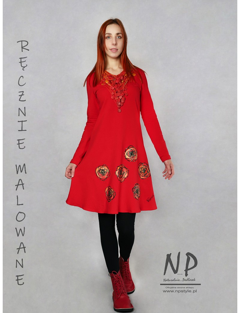 Ręcznie malowana czerwona krótka sukienka z dzianiny bawełnianej