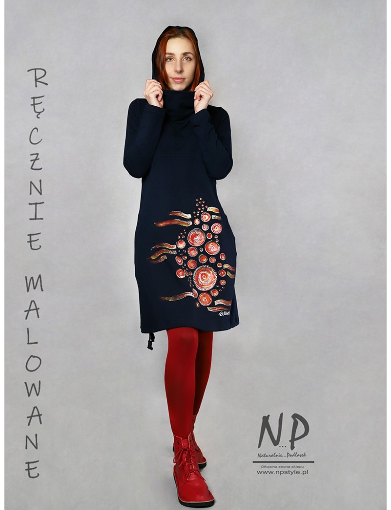Hand-painted short oversize knitted dress with a hood and a turtleneck