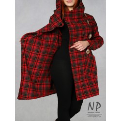 Women's oversize wool plaid coat with a hood