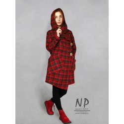 Women's oversize wool plaid coat with a hood
