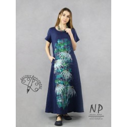 Navy blue hand-painted long linen dress with short sleeves