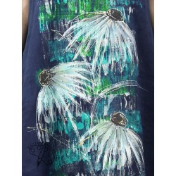 Granatowa ręcznie malowana długa lniana sukienka z krótkim rękawem