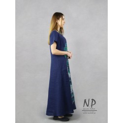 Granatowa ręcznie malowana długa lniana sukienka z krótkim rękawem