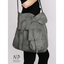 Gray large women's handbag made of natural leather with an adjustable strap
