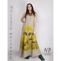 Hand painted long linen dress with sunflowers on straps