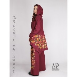 Ladies' maroon zip-up hand-painted linen jacket with a hood