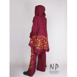 Ladies' maroon zip-up hand-painted linen jacket with a hood