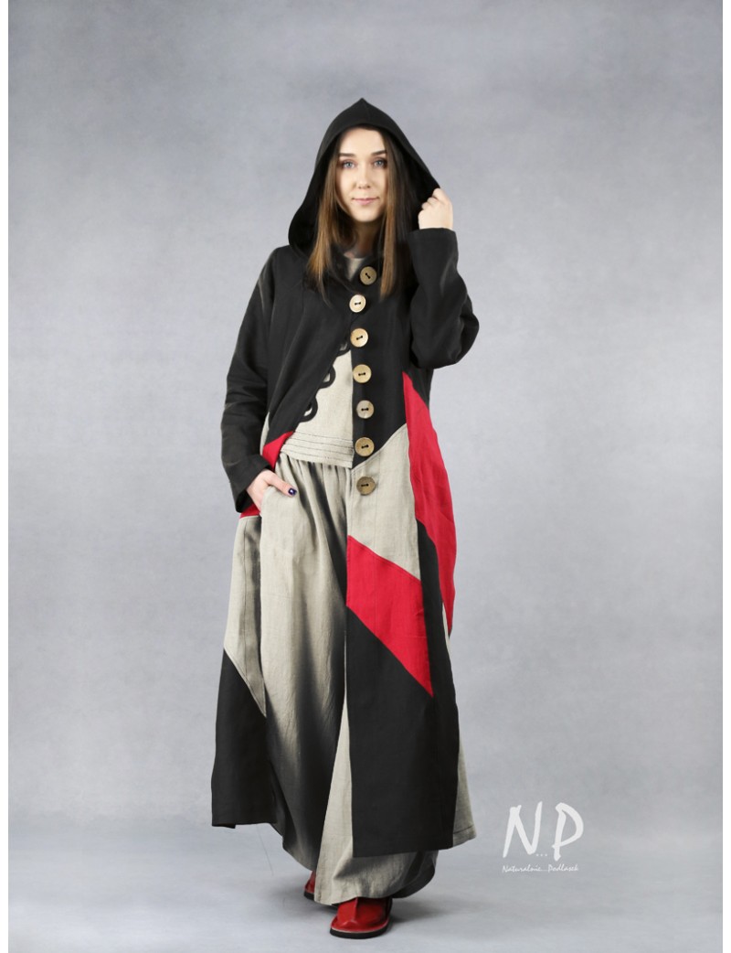 Long coat with a hood, made of colorful pieces of linen fabric