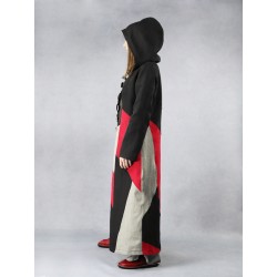 Long coat with a hood, made of colorful pieces of linen fabric