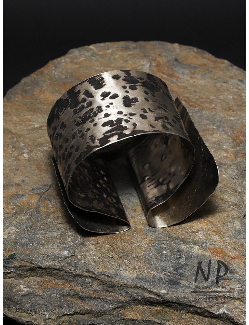 Hand forged wide bracelet made of new silver sheet
