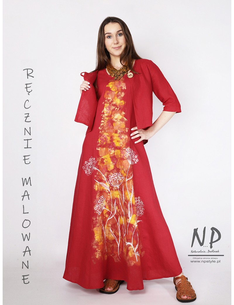 Ręcznie malowana czerwona lniana sukienka maxi na ramiączkach w komplecie z lnianym żakietem